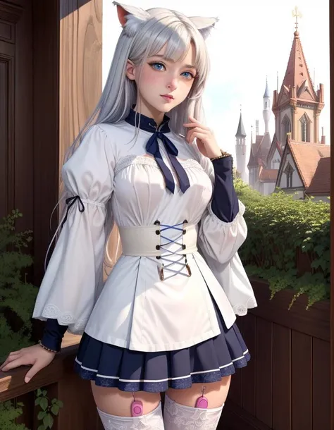 (masterpiece, top quality, best quality, official art, beautiful and aesthetic:1.2), cute catgirl, blue eyes, detailed face, blush, embarrassed, small chest, white hair, full body, skirt and blouse, highest detailed, fantasy medival city background, realistic, (vibrator in thighhighs), best quality, <lora:thighvibe:1>