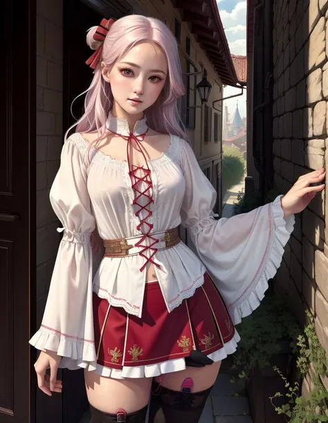 (masterpiece, top quality, best quality, official art, beautiful and aesthetic:1.2), cute girl, detailed face, (red eyes), small chest, long white hair, full body, skirt and blouse, highest detailed, fantasy medival city background, realistic, (vibrator in thighhighs), best quality, <lora:thighvibe:1>