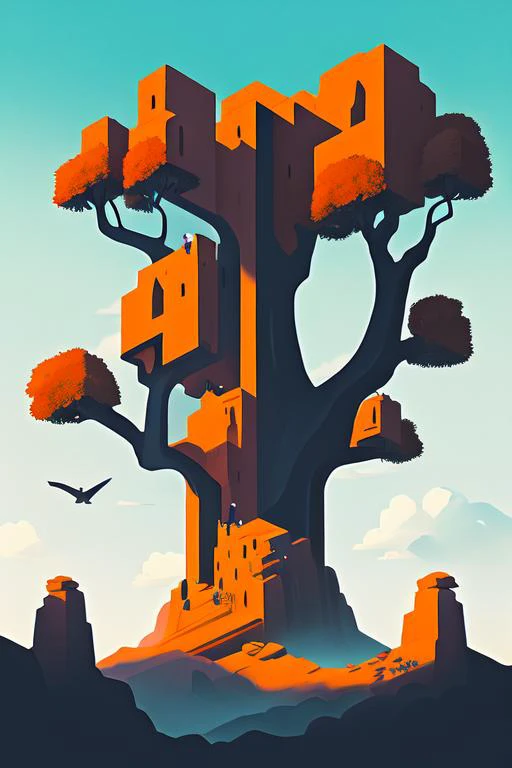 <lora:S1-Monument Valley_DreamLike-000008:0.45>, 
(by Phil Noto, by Pixar, by Cory Loftis, by Ed Mell, by Drew Struzan, by Alberto Morrocco),
Monument Valley,illustration,paradoxical geometry,
windows,sun light,orange tree,cube shape tree,tree,buttress,
corridor,grey corridor,inside,door,drak grey background,
sharp focus, (HDR), (8k), (gigapixel), ((masterpiece))