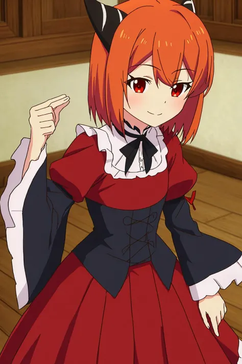 laika, anime_art_style, 1girl, solo, looking_at_viewer, smile, short_hair, red_eyes, long_sleeves, dress, ribbon, horns, wide_sleeves, orange_hair, red_dress, corset
