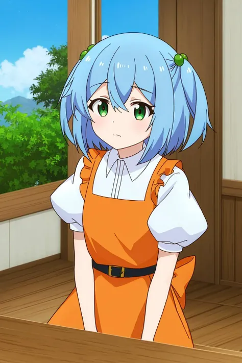 falfa, anime_art_style, 1girl, solo, looking_at_viewer, bangs, shirt, hair_ornament, dress, hair_between_eyes, closed_mouth, green_eyes, blue_hair, white_shirt, upper_body, short_sleeves, puffy_sleeves, collared_shirt, indoors, apron, two_side_up, puffy_short_sleeves, hair_bobbles, :t, orange_dress