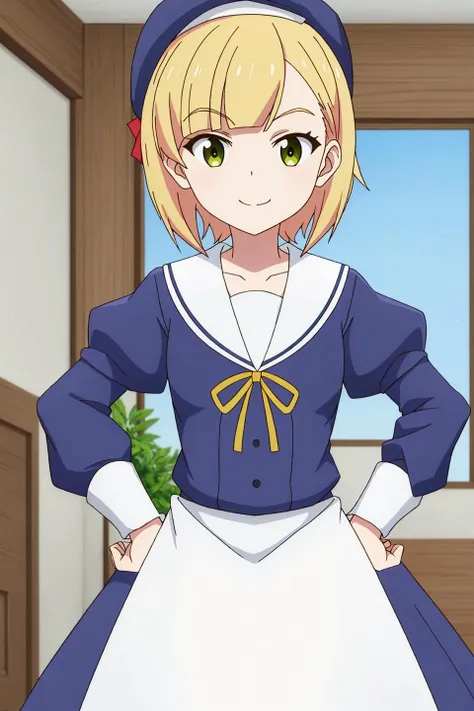 rosalie, anime_art_style, 1girl, solo, smile, short_hair, bangs, blonde_hair, long_sleeves, hat, dress, ribbon, closed_mouth, green_eyes, puffy_sleeves, indoors, wide_sleeves, sailor_collar, blue_dress, beret, parody, blue_headwear, hands_on_hips, white_sailor_collar, tilted_headwear, voice_actor_connection