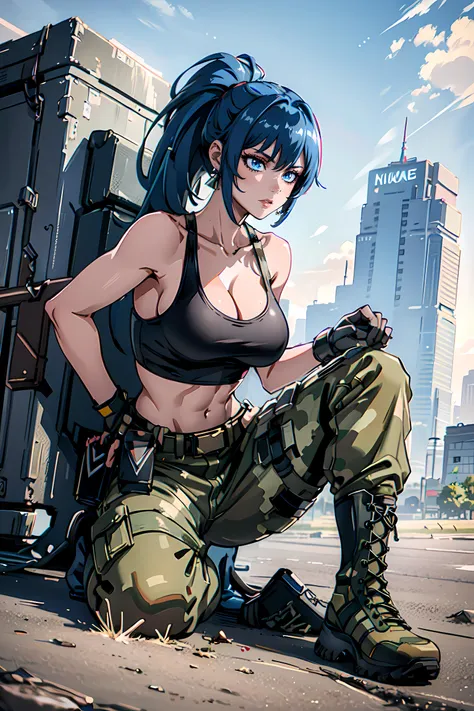 masterpiece, best_quality, unreal_engine,ultra_res,extremely detailed,
1girl,<lora:leona_heidern_v10:0.6>
blue hair, blue eyes,
ponytail, tank top, camouflage pants, jewelry, boots, cleavage, camouflage, bare shoulders, large breasts, crop top,
pouch, bangs, belt, earrings, sleeveless, midriff, long hair, military, triangle earrings, black gloves, dynamic pose,
waist shot,
<lora:animemix_16:0.2> <lora:last:0.1>