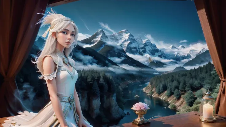 masterpiece,8k wallpaper, best quality, a woman with a white headdress and a white hair and dress with feathers on her head,mischievous,sitting ,style of Ross Tran.mist ,mountains, forests,river valley, , photorealistic photo, fantasy art,, masterpiece, best quality, hyper-realistic, amazing fine detail, insanely detailed, lifelike texture, dramatic lighting, mood lighting, Cinestill 800 tungsten film, amazingly fine detail, Ultra detailed, elegant,