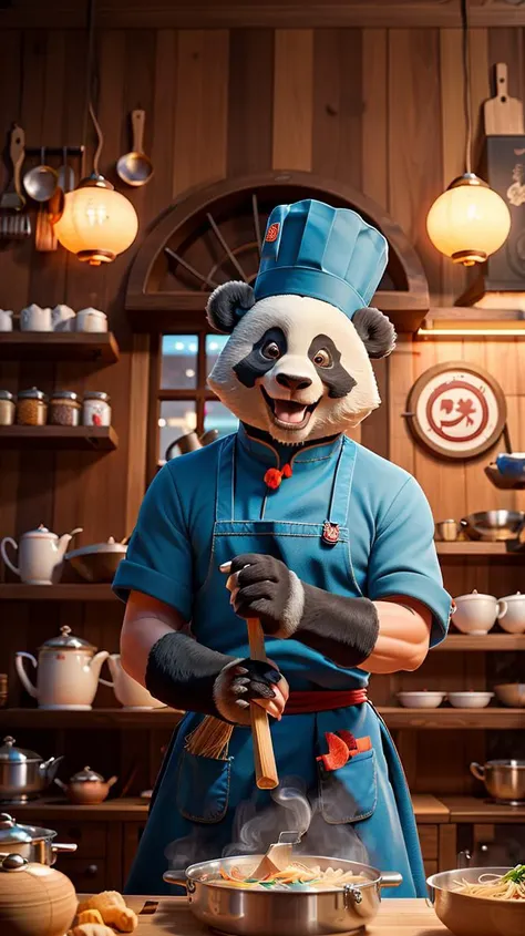 "Panda Chef: Po in his element, showcasing his culinary skills. He wears a chef's apron and hat, with flour dusted on his paws and a mischievous smile on his face. The scene is set in the bustling kitchen of Mr. Ping's Noodle Shop, with pots, pans, and ingredients scattered around. Steam rises from a boiling wok, adding to the lively ambiance. The photo captures Po's playful nature and passion for cooking, with warm and inviting colors in the color grading to reflect the cozy atmosphere of the noodle shop." masterpiece, best quality, hyper-realistic, amazing fine detail, insanely detailed, lifelike texture, dramatic lighting, mood lighting, Cinestill 800 tungsten film, amazingly fine detail, Ultra detailed, elegant,