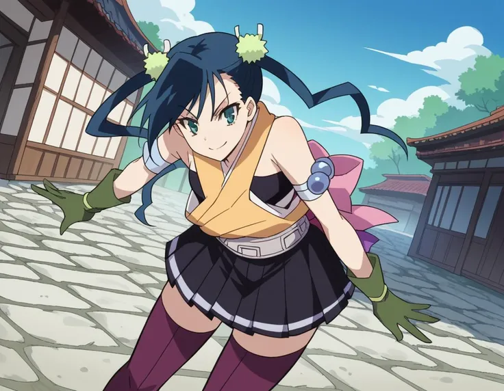 score_9, score_8_up, score_7_up, source_anime,
hibachi, <lora:hibachi-s1-ponyxl-lora-nochekaiser:1>,
hibachi, long hair, green eyes, blue hair, twintails, hair ornament,
skirt, thighhighs, japanese clothes, zettai ryouiki, armband, purple thighhighs, belt, pleated skirt, black skirt, gloves, green gloves, bare shoulders,
outdoors, village, bent over, smile,
looking at viewer, cowboy shot, dutch angle, solo,