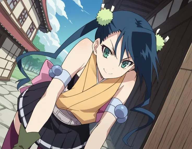 score_9, score_8_up, score_7_up, source_anime,
hibachi, <lora:hibachi-s1-ponyxl-lora-nochekaiser:1>,
hibachi, long hair, green eyes, blue hair, twintails, hair ornament,
skirt, thighhighs, japanese clothes, zettai ryouiki, armband, purple thighhighs, belt, pleated skirt, black skirt, gloves, green gloves, bare shoulders,
outdoors, village, bent over, smile,
looking at viewer, cowboy shot, dutch angle, solo,