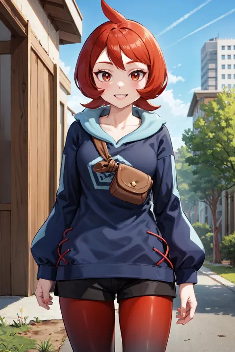 masterpiece,best quality,highres,ultra-detailed,arezu \(pokemon\),short hair,bangs,hoodie,gradient clothes,long sleeves,brown bag,shorts,pantyhose,gradient legwear,boots,<lora:arezu:0.7>,outdoors, standing, smile, cowboy shot,