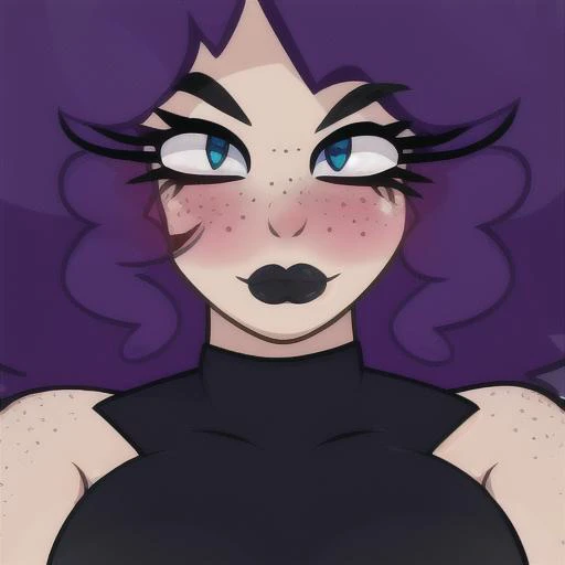 Dark Jess, Purple Hair, Long Hair, blush, purple lipstick, freckles, blue eyes, <lora:PeachyPop34 Style Lohcon-step00219000:1>