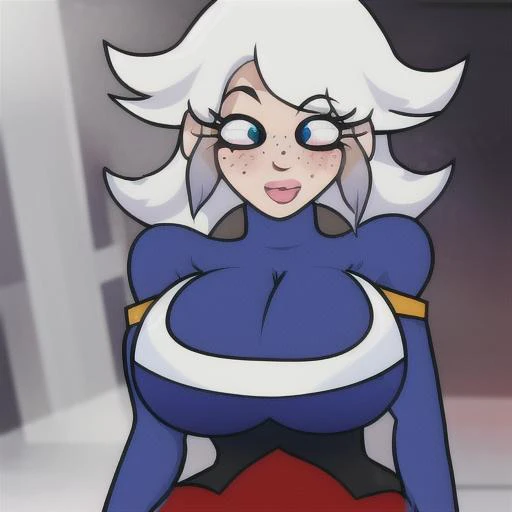 Woman standing, , white hair, freckles, <lora:PeachyPop34 Style Lohcon-step00219000:1>