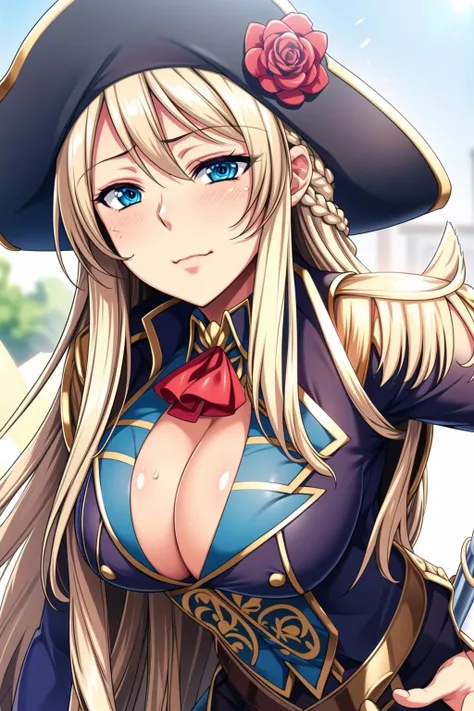 <lora:Mireille_Austria_ConqueringQueen3-KK77-V1:0.7>,
1girl, breasts, solo, long hair, blonde hair, large breasts,Blue  hat, cleavage, blue eyes, epaulettes, hand on hip, cape, weapon, ascot, sword, looking at viewer, black background, braid, flower, belt, very long hair, simple background, cleavage cutout, long sleeves, french braid, clothing cutout, upper body, rose, frown, eyes visible through hair, pirate hat, hat flower, bangs, closed mouth, pirate, skirt, yellow rose, hair between eyes, sheath, blush,Blue  jacket, aqua eyes, yellow flower, hat feather, sheathed, sidelocks
<lora:Mariana_Luciano_NON_VIRGIN-KK77-V1:0.3>,<lora:more_details:0.1>,
looking at viewer,(Focus on her face),closed mouth, (innocent_big_eyes:1.0),Light_Smile,
official art,extremely detailed CG unity 8k wallpaper, perfect lighting,Colorful, Bright_Front_face_Lighting,shiny skin, 
(masterpiece:1.0),(best_quality:1.0), ultra high res,4K,ultra-detailed,
photography, 8K, HDR, highres, absurdres:1.2, Kodak portra 400, film grain, blurry background, bokeh:1.2, lens flare, (vibrant_color:1.2),professional photograph, 
(Beautiful,large_Breasts:1.4), (beautiful_face:1.5),(narrow_waist),