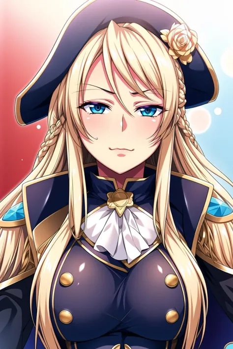<lora:Mireille_Austria_ConqueringQueen3-KK77-V1:0.7>,
1girl, breasts, solo, long hair, blonde hair, large breasts,Blue hat, cleavage, blue eyes, epaulettes, hand on hip, cape, weapon, ascot, sword, looking at viewer, black background, braid, flower, belt, very long hair, simple background, cleavage cutout, long sleeves, french braid, clothing cutout, upper body, rose, frown, eyes visible through hair, pirate hat, hat flower, bangs, closed mouth, pirate, skirt, yellow rose, hair between eyes, sheath, blush,Blue jacket, aqua eyes, yellow flower, hat feather, sheathed, sidelocks
<lora:Mariana_Luciano_NON_VIRGIN-KK77-V1:0.3>,<lora:more_details:0.1>,
looking at viewer,(Focus on her face),closed mouth, (innocent_big_eyes:1.0),Light_Smile,
official art,extremely detailed CG unity 8k wallpaper, perfect lighting,Colorful, Bright_Front_face_Lighting,shiny skin,
(masterpiece:1.0),(best_quality:1.0), ultra high res,4K,ultra-detailed,
photography, 8K, HDR, highres, absurdres:1.2, Kodak portra 400, film grain, blurry background, bokeh:1.2, lens flare, (vibrant_color:1.2),professional photograph,
(Beautiful,large_Breasts:1.4), (beautiful_face:1.5),(narrow_waist),