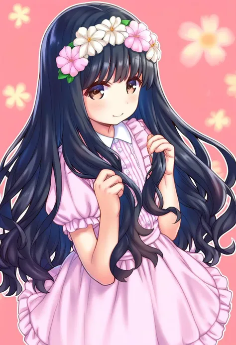 score_9, score_8_up, score_7_up, score_6_up, score_5_up, score_4_up, source_anime, BREAK, cute, kawaii, 1girl, cute anime girl, kawaii anime girl, very long hair, black hair, curly hair, dark brown eyes, kawaii pastel pink lace dress, flower on hair, cute face, looking at viewer