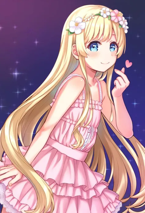 score_9, score_8_up, score_7_up, score_6_up, score_5_up, score_4_up, source_anime, BREAK, cute, kawaii, 1girl, cute anime girl, kawaii anime girl, very long hair, blonde hair, kawaii pastel pink lace dress, flower on hair, finger heart, cute smile, looking at viewer