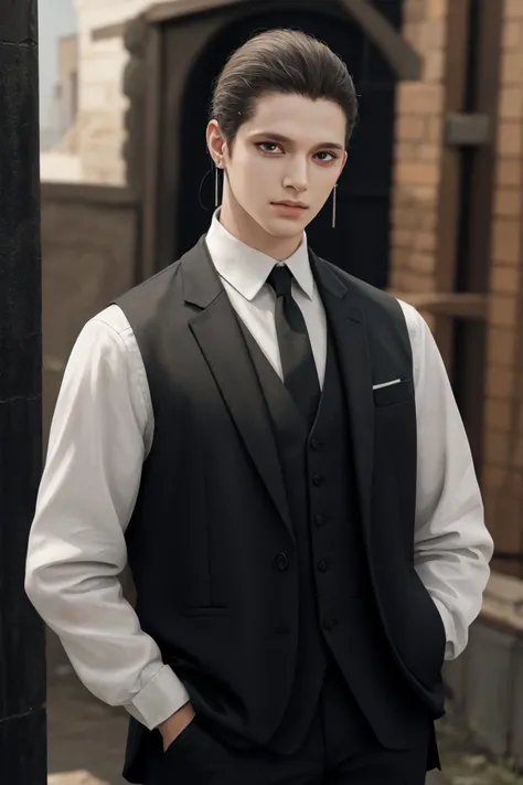 masterpiece, best quality, highres, 1boy earrings <lora:ashaf_no_outfit:1> white shirt, black vest, hands in pockets, photorealistic