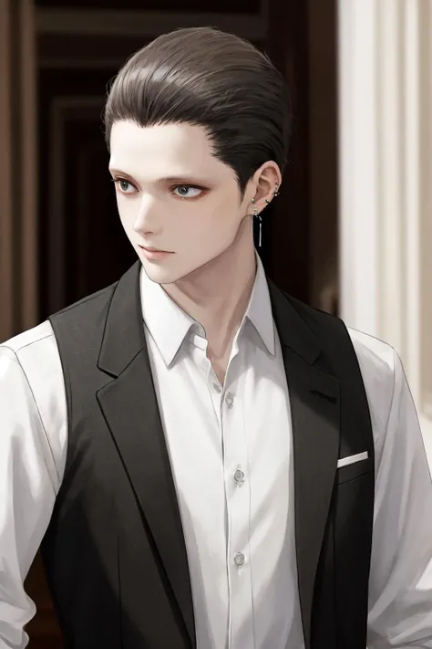 masterpiece, best quality, highres, 1boy earrings <lora:ashaf_no_outfit:1> black vest, white shirt