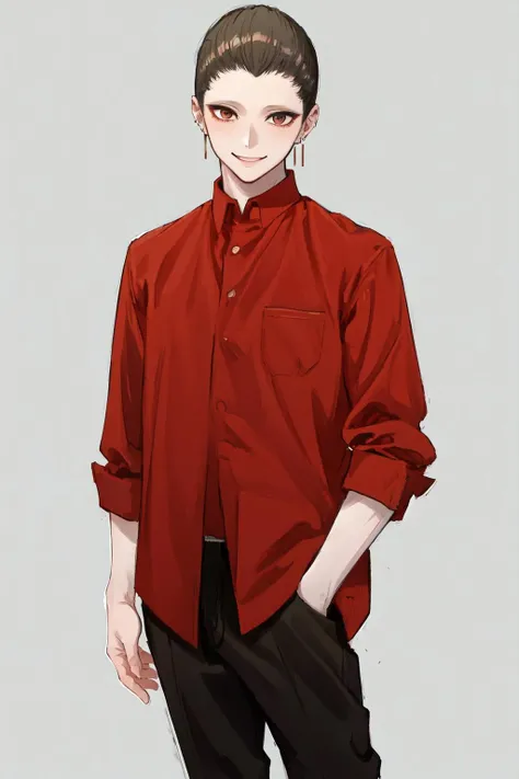 masterpiece, best quality, highres, 1boy earrings <lora:ashaf_no_outfit:1> simple background, red shirt, smile, standing