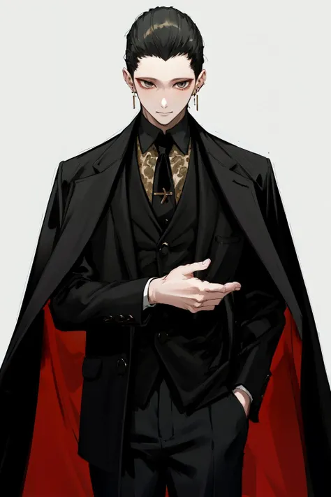 masterpiece, best quality, highres, 1boy earrings <lora:ashaf_no_outfit:1> black coat black suit black pants