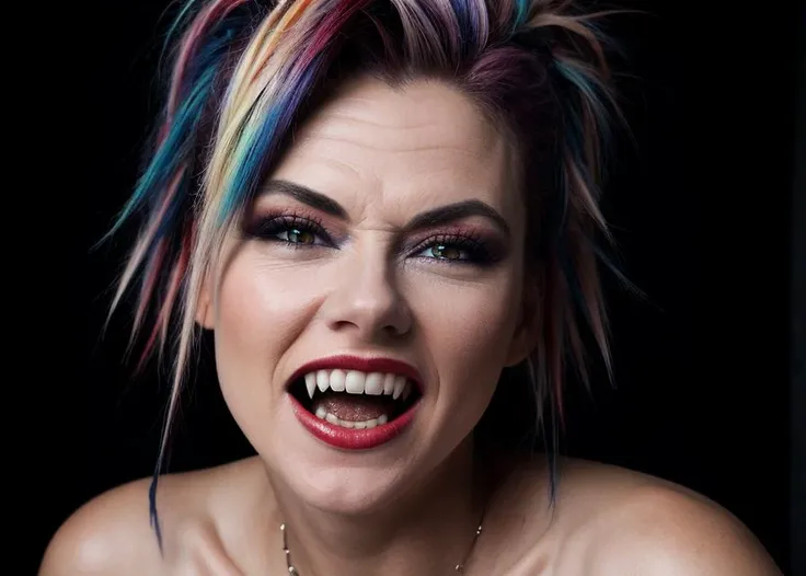 RAW photo of a Caucasian woman,rainbow hair,masterpiece, sharp, ultra detailed, 8k, ((soft dimmed light)), rich castle room,perfect teeth, details lips, one woman, angle view, best quality, (highly detailed skin:1.2),8k uhd, dslr, soft lighting, high quality, film grain, Fujifilm XT3, intricate detail, make up, (classy), posh, (rich) ,fangs, <lora:vampface:0.8>