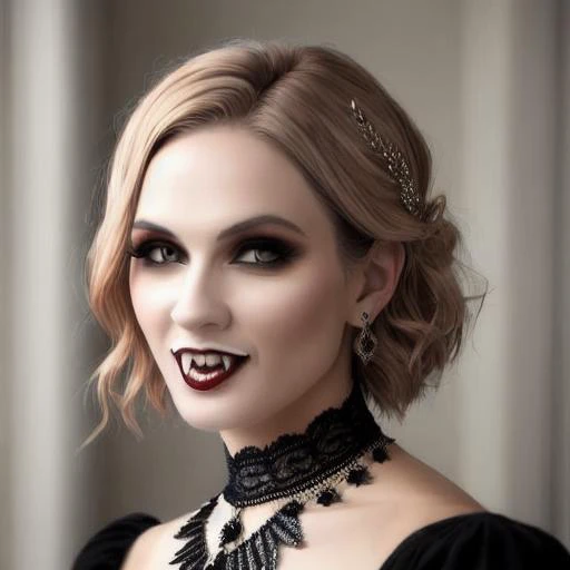 RAW photo of a caucasian woman in black detailed dress , masterpiece, sharp, ultra detailed, 8k, ((soft dimmed light)), rich room with paintings , one woman, angle view, best quality, (high detailed skin:1.2),8k uhd, dslr, soft lighting, high quality, film grain, Fujifilm XT3, intricate detail, make up, necklace, (classy), posh, (rich) ,fangs, <lora:vamp000001:1.2>