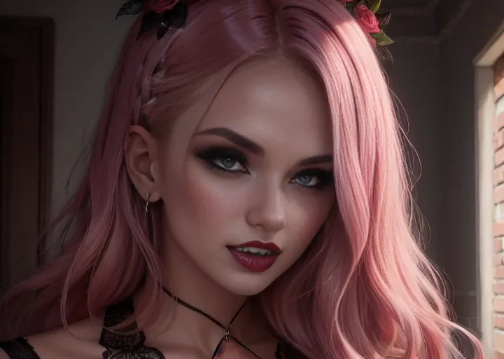 A close up of a woman with pink hair and a necklace - SeaArt AI