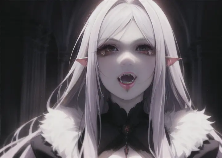 RAW photo of a caucasian vampire woman,long hair,masterpiece, sharp, ultra detailed, 8k, ((soft dimmed light)), old castle background,perfect teeth, details lips, one woman, angle view, best quality, (high detailed skin:1.2),8k uhd, dslr, soft lighting, high quality, film grain, Fujifilm XT3, intricate detail, make up ,(fang), <lora:vampface:1>