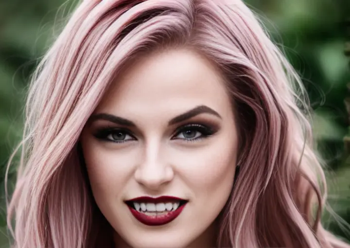 RAW photo of a caucasian woman,rainbow hair,masterpiece, sharp, ultra detailed, 8k, ((soft dimmed light)), rich castle room,perfect teeth, details lips, one woman, angle view, best quality, (high detailed skin:1.2),8k uhd, dslr, soft lighting, high quality, film grain, Fujifilm XT3, intricate detail, make up, (classy), posh, (rich) ,fangs, <lora:vampface:1>