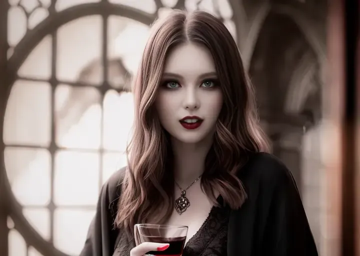 RAW photo of a caucasian vampire woman,long hair,masterpiece, sharp, ultra detailed, 8k, ((soft dimmed light)), old castle background,perfect teeth, details lips, one woman, holding a cup of red wine,angle view, best quality, (high detailed skin:1.2),8k uhd, dslr, soft lighting, high quality, film grain, Fujifilm XT3, intricate detail, make up ,(fang), <lora:vampface:1>