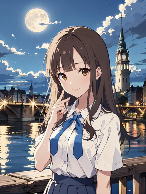 <lora:Yukarihan-08:0.8> Yukarihan, 1girl, white shirt, short sleeves, blue bow, blue skirt, pleated skirt, long hair, outdoors, town, Vienna, smile, outdoors, moon, moonlight, night, (liver, water:1.1), bridge, sip, church, warm lighting, hand up,