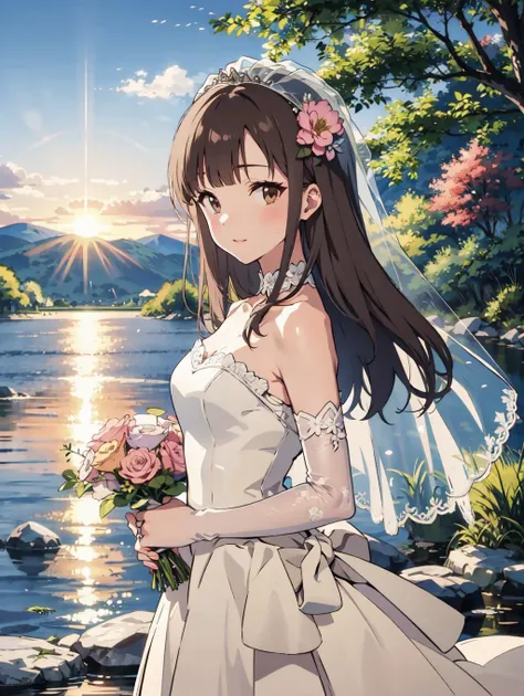 <lora:Yukarihan-08:0.8> Yukarihan, 1girl, wedding dress, elbow gloves, strapless, bare shoulders, bridal veil, long hair, hair flower, solo, flower, holding, holding bouquet, lake, looking at viewer, nature, outdoors, white flower, pink rose, solo, standing, tree, water, water drop, sky, cloudy sky, building, sunset, evening, wedding ring,