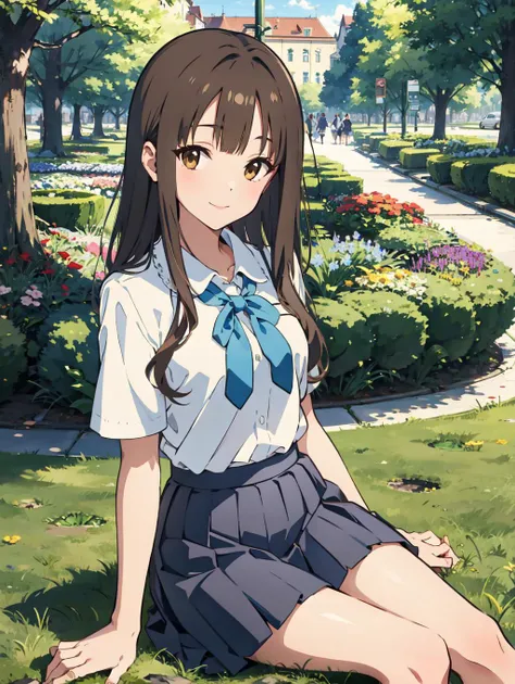 <lora:Yukarihan-08:0.8> Yukarihan, 1girl, white shirt, short sleeves, blue bow, blue skirt, pleated skirt, long hair, outdoors, town, Vienna, smile, outdoors, flower garden, sitting, on turf,