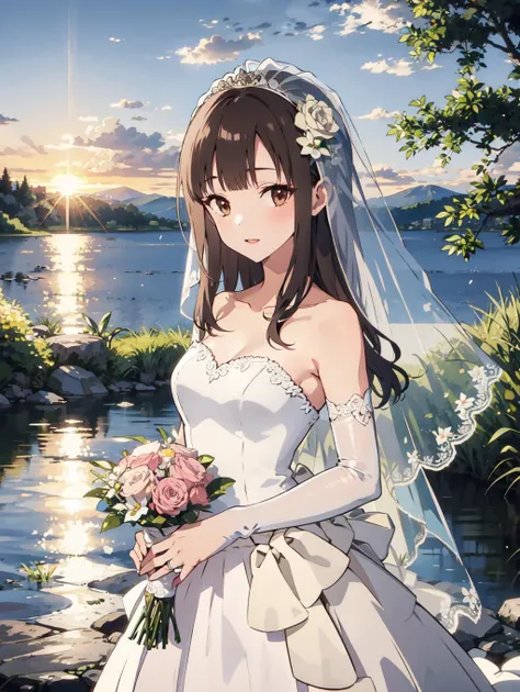 <lora:Yukarihan-08:0.8> Yukarihan, 1girl, wedding dress, elbow gloves, strapless, bare shoulders, bridal veil, long hair, hair flower, solo, flower, holding, holding bouquet, lake, looking at viewer, nature, outdoors, white flower, pink rose, solo, standing, tree, water, water drop, sky, cloudy sky, building, sunset, evening, wedding ring,