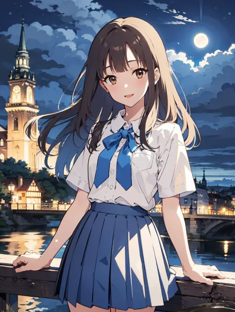 <lora:Yukarihan-08:0.8> Yukarihan, 1girl, white shirt, short sleeves, blue bow, blue skirt, pleated skirt, long hair, outdoors, town, Vienna, smile, moon, moonlight, night, liver, cloudy sky, water, bridge, church, warm lighting, hand up,