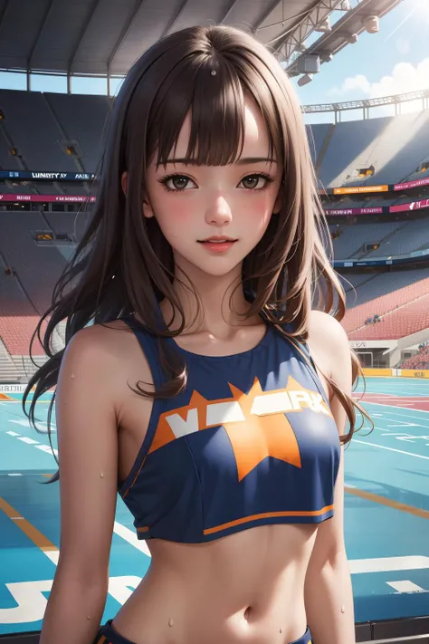((masterpiece)), (best quality), official art, extremely detailed CG, unity 8k wallpaper, ultra detailed,
yukarihan, 1girl, cheerleader, long hair, navel, happy, sweat,
Stadium/Arena,
<lora:Yukarihan:1>,