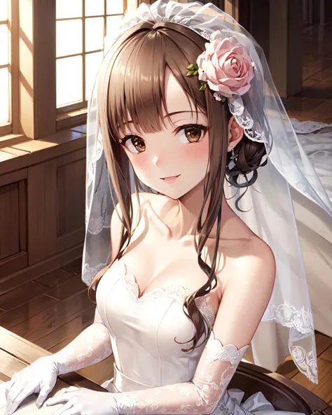 (masterpiece, best quality), <lora:Yukarihan-08:1>, Yukarihan, 1girl, wedding dress, elbow gloves, strapless, bare shoulders, bridal veil, hair up, sidelocks, hair flower, upper body, facing viewer, nose blush, smile, looking at viewer, closed mouth, sitting, indoors, <lora:add_detail:0.3>