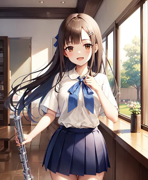 (masterpiece, best quality:1.2), <lora:Yukarihan-08:1>, Yukarihan, 1girl, white shirt, short sleeves, blue bow, blue skirt, pleated skirt, long hair, facing viewer, straight-on, blush, smile, open mouth, flute, holding instrument, standing, indoors