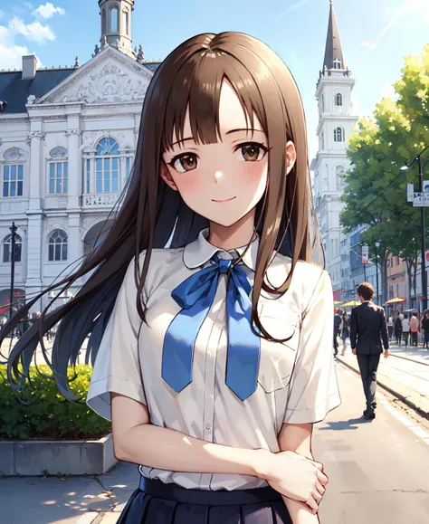 (masterpiece, best quality:1.2), (anime, masterpiece, best quality), <lora:Yukarihan-08:1>, Yukarihan, 1girl, white shirt, short sleeves, blue bow, blue skirt, pleated skirt, long hair, facing viewer, straight-on, blush, smile, closed mouth, outdoors, church, town, Vienna