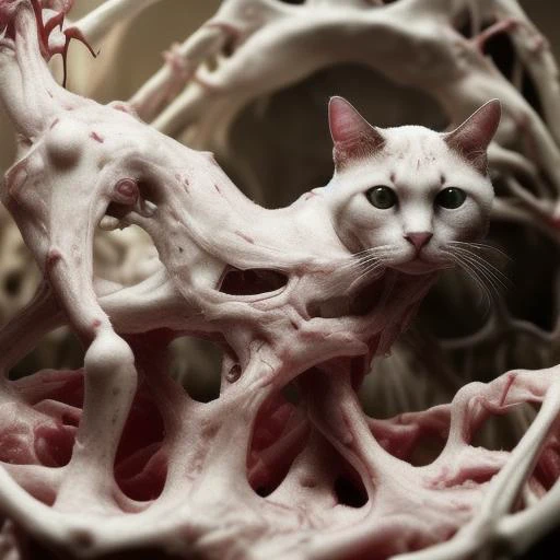 A cat made out of piles of organic tissue, disgusting ligament muscle tissue tendon sinew sarcocarp, wet, dripping, internal, organic, venereal horror peeling intense dark horror biological, terrifying living hell brutal overwhelming dread suffering emotional