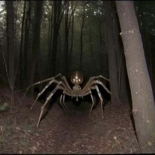 a distant cryptid trailcam photo of a giant spider in the woods, found footage, dread horror