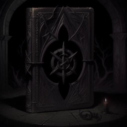 old tome, grimoire of magic, in a dark horror dungeon, eerie light