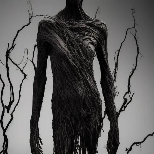 A human shape made up of shadow and mist, wrapped in ragged vines, driftwood sculpture, dark gloomy, glowing eyes