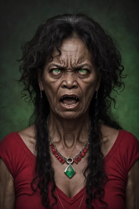 close-up photo portrait of a 60 yo samoan woman, black long curly hair, green eyes, angry face expression, chest red huge gem, necklace, chieftain, traditional, simple background