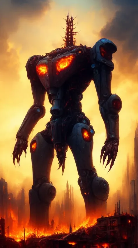 a mechsuit towering over a burning city, horror, rusted metal, scenery, (liminal:1.1), dark, masterpiece, best quality, intricate detail, absurdres, DREAD, chromatic aberration, depth of field, soft lighting, tone mapped, highly detailed, concept art, smooth, sharp focus, dramatic lighting, highly detailed artwork, cinematic, 8K, incredible shadows, (highly detailed background:1.0)