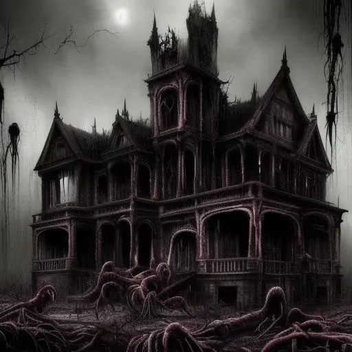 A disgusting lanky plant monster stands above a large Victorian mansion, found footage, blood dripping, hellish, tainted, terrifying, horror, redacted, dark, human experiment, hideous, teeth, tongues, sinister, hostile, malevolent energy, pathogenic mutation, biological, nightmare, rusty, grunge, helpless, moody, desperate, strange, humanoid, aberration, death, lonely, ominous, horror, dramatic, atmospheric, high detail, zoomed out, long shot,