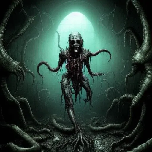 Action shot of terrifying beast eldritch with wet black skin chasing after the viewer in a decrepit underground tunnel in Hell - in the style of Joshua Hoffine and artgerm, creepy, unnerving, unsettling, terrifying, 80mm, horror lighting, dynamic action,