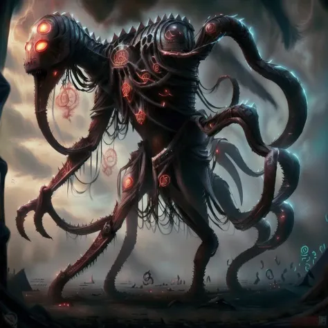 A giant creature with a dinosaur-like body, long limbs, claws, talons, many arms, many legs, armor plates, magical runes, full body, many heads <lora:GlowingRunesAIV6:1.4> GlowingRunesAIV2_red