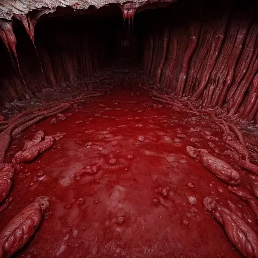 looking down from above on a horror landscape made of bloody red flesh, a horrifying terrifying mysterious ominous creepy scary dark cave built out of flesh veins and organs,  Surrealism, Horror , Lovecraftian, hd, 4k, RTX, wet, bloody, gibs, gore, visceral, fleshy, detailed, realistic, internal organs, biological horror