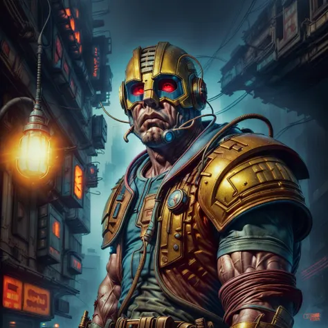 chromolithography pulp portrait, upper body, (mature bouncer, muscular, cyberpunk reality:1.3), (nightclub security boss, pointing, upper body from below), (POV, coherent, intricate detail, 80's cyberpunk, highest quality, best quality, masterpiece, absurdres:1.3), <lora:epioffset:1.3>, <lora:add_detail:1.3>, (judge dredd megacity nightmare, dramatic lighting by Denis Villeneuve, chiaroscuro lighting, detailed depth:1.3), <lora:muscle2:0.6>, (warm glow on his face and body, dynamic lighting, hyper realism, gossamer haze:1.2)