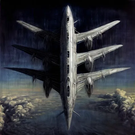 ((best quality)), ((masterpiece)), (detailed), a huge, creepy plane flies across the cloudless sky
