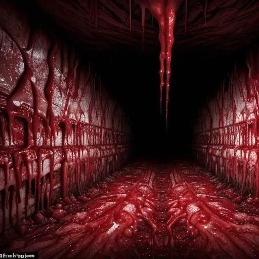 looking down from above on a horror landscape made of bloody red flesh, a horrifying terrifying mysterious ominous creepy scary dark cave built out of flesh veins and organs, Surrealism, Horror , Lovecraftian, hd, 4k, RTX, wet, bloody, gibs, gore, visceral, fleshy, detailed, realistic, internal organs, biological horror